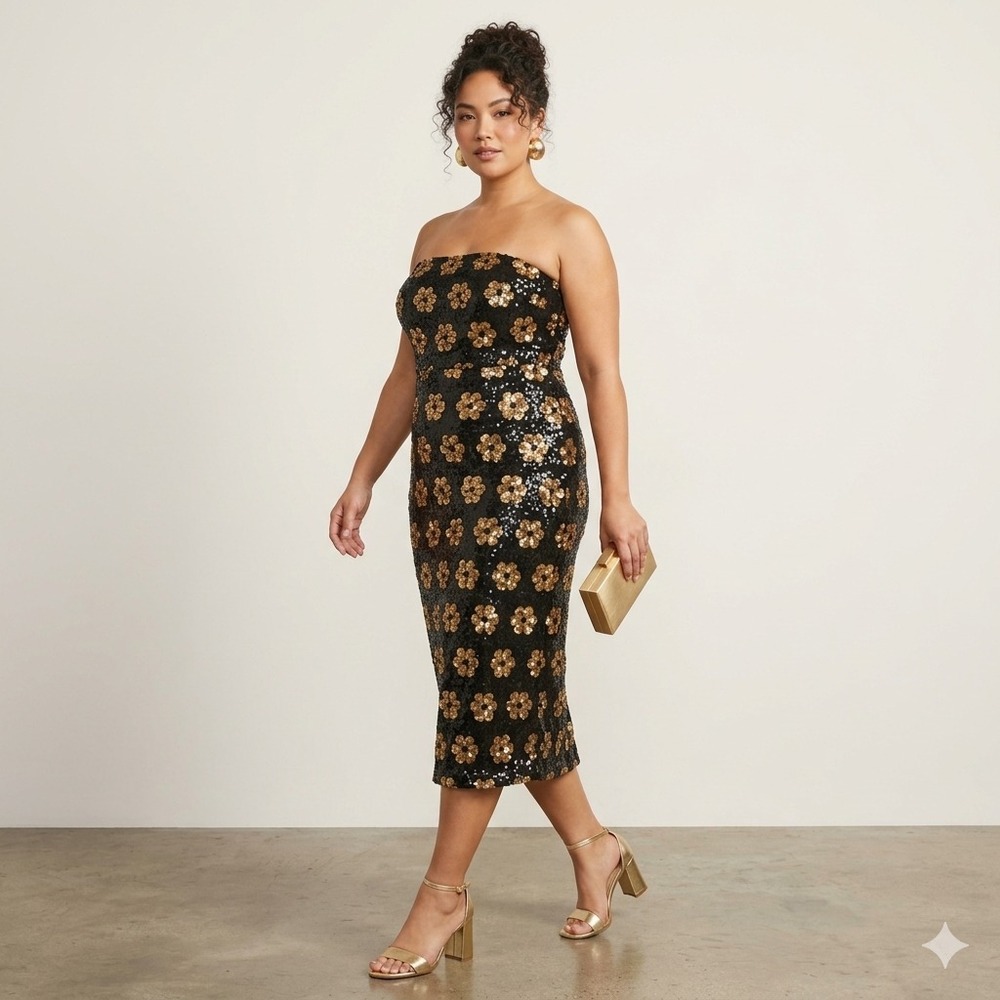 Alex Marie Womens Dress 12 Large Gold Black Strapless Sequin Embroidery Midi 771